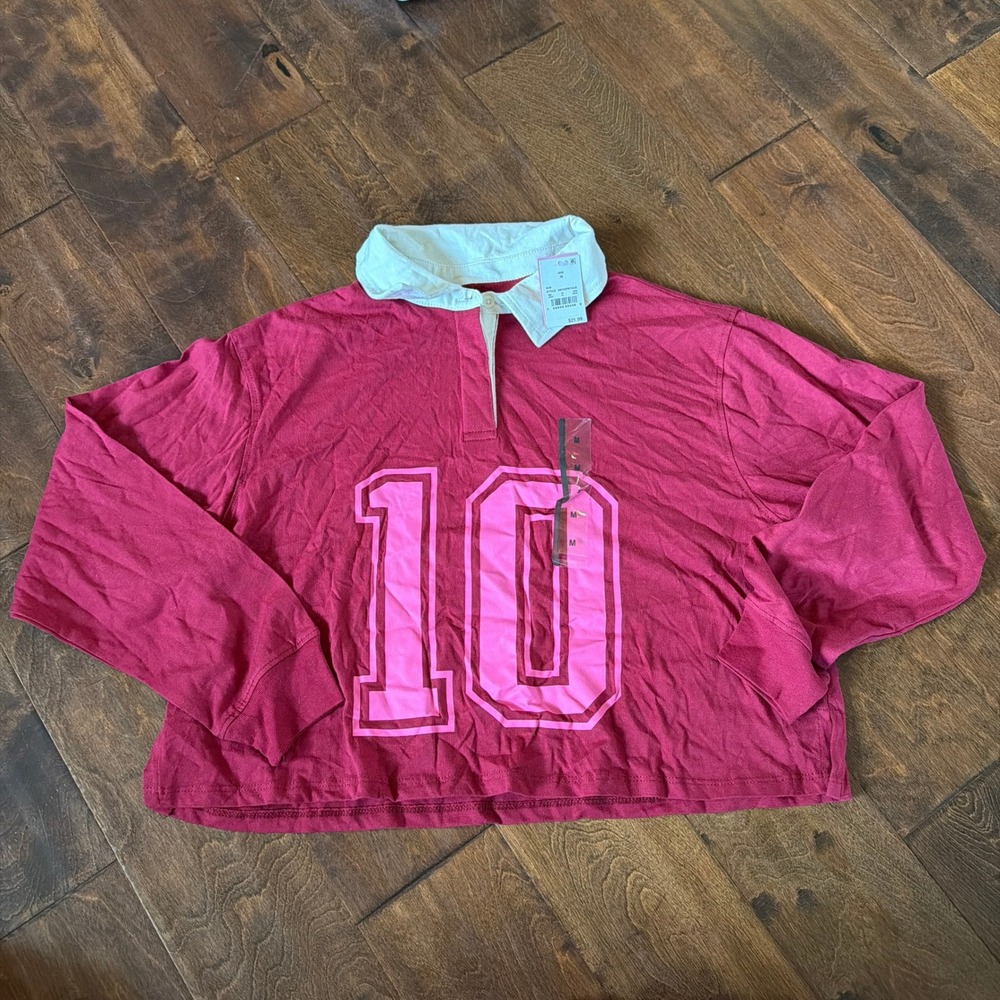 Mighty Fine Womens Magenta Pink Cropped Rugby Shirt Long Sleeve Graphic 10 M NWT